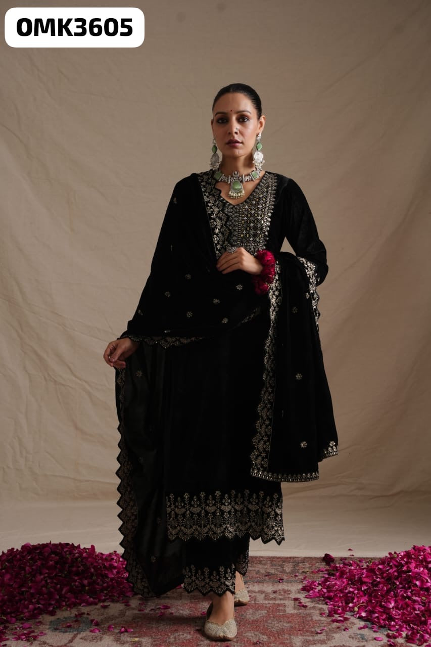 Navy blue heavy embroidered velvet suit