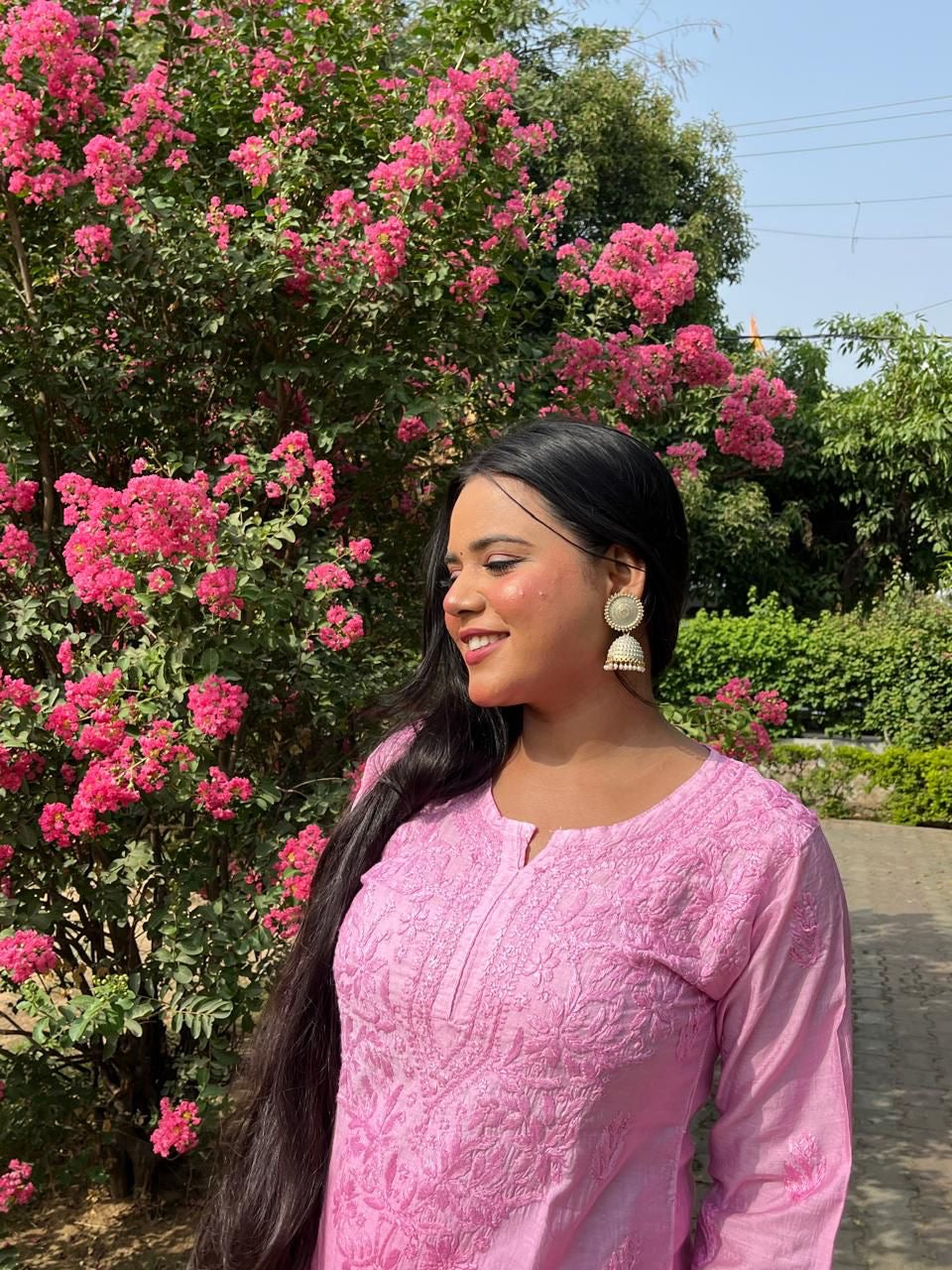 Pink shaded chikankari kurti chanderi fabric