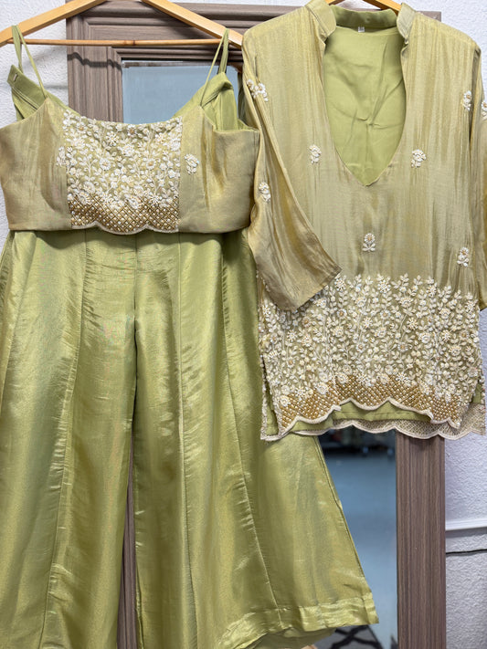 Pistachio heavy handwork crop top palazzo and jacket set partywear