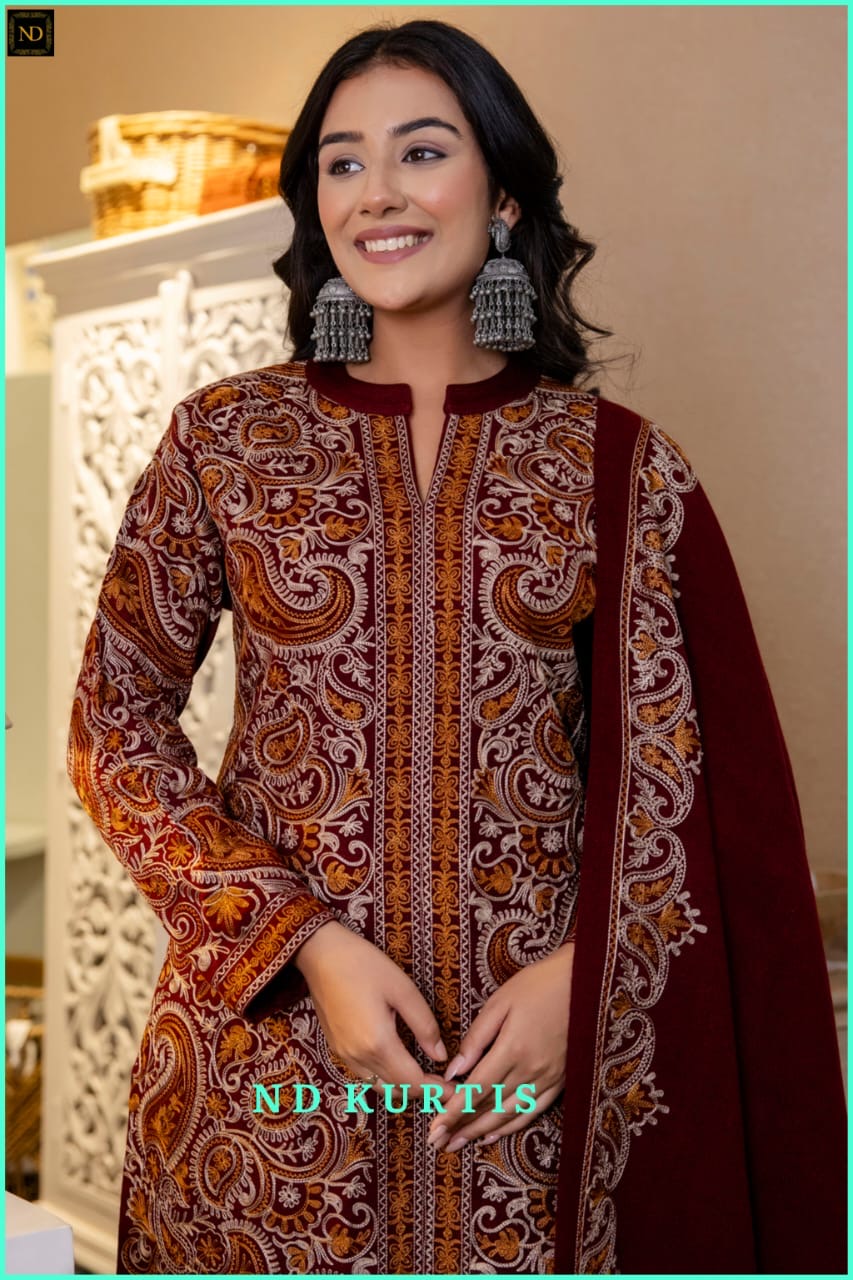 Winter woolen suit with heavy kashmiri work and shawl