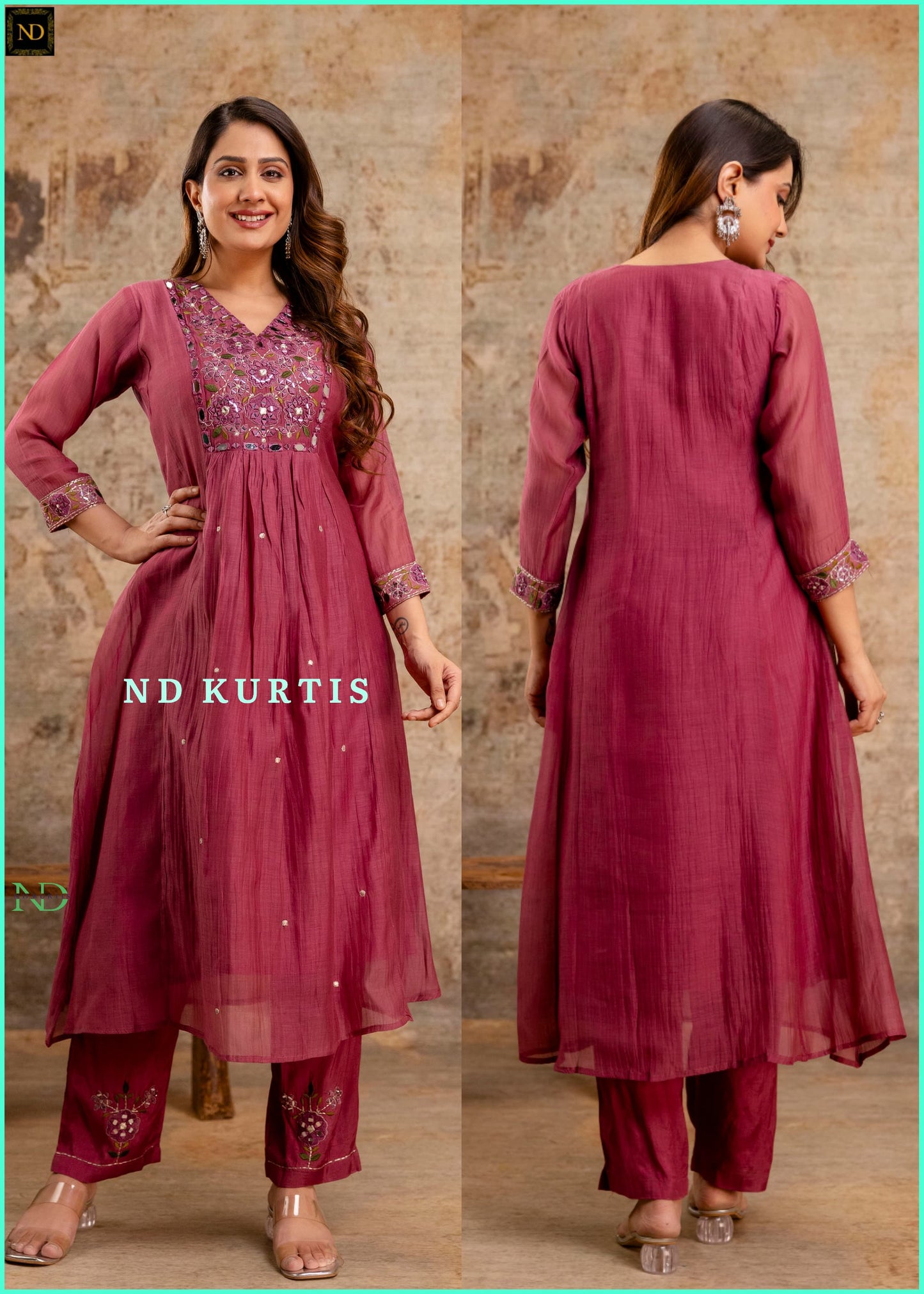 Maroon real mirror work mul chanderi kurta set