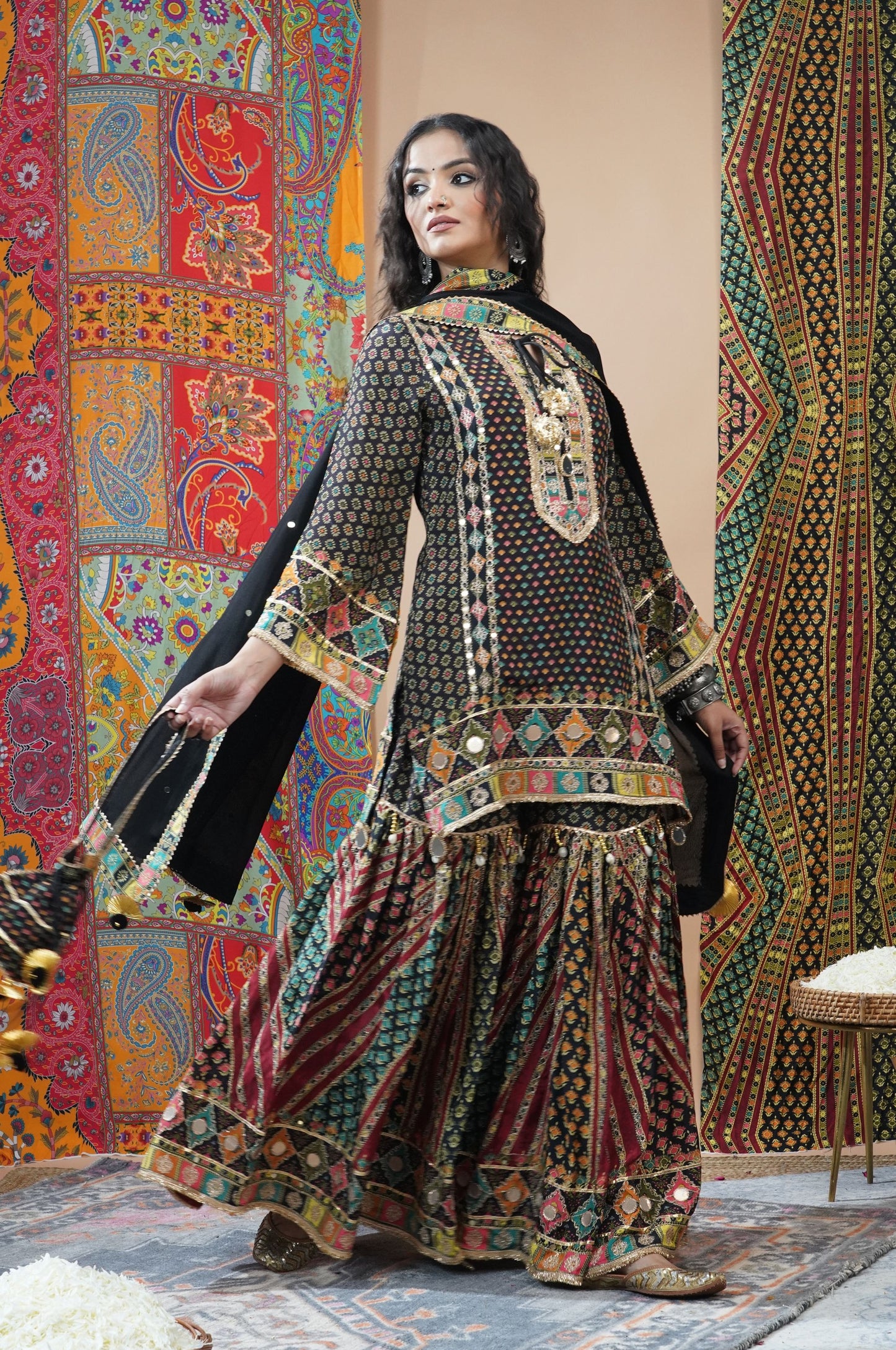 Designer super stylish pure crepe sharara suit