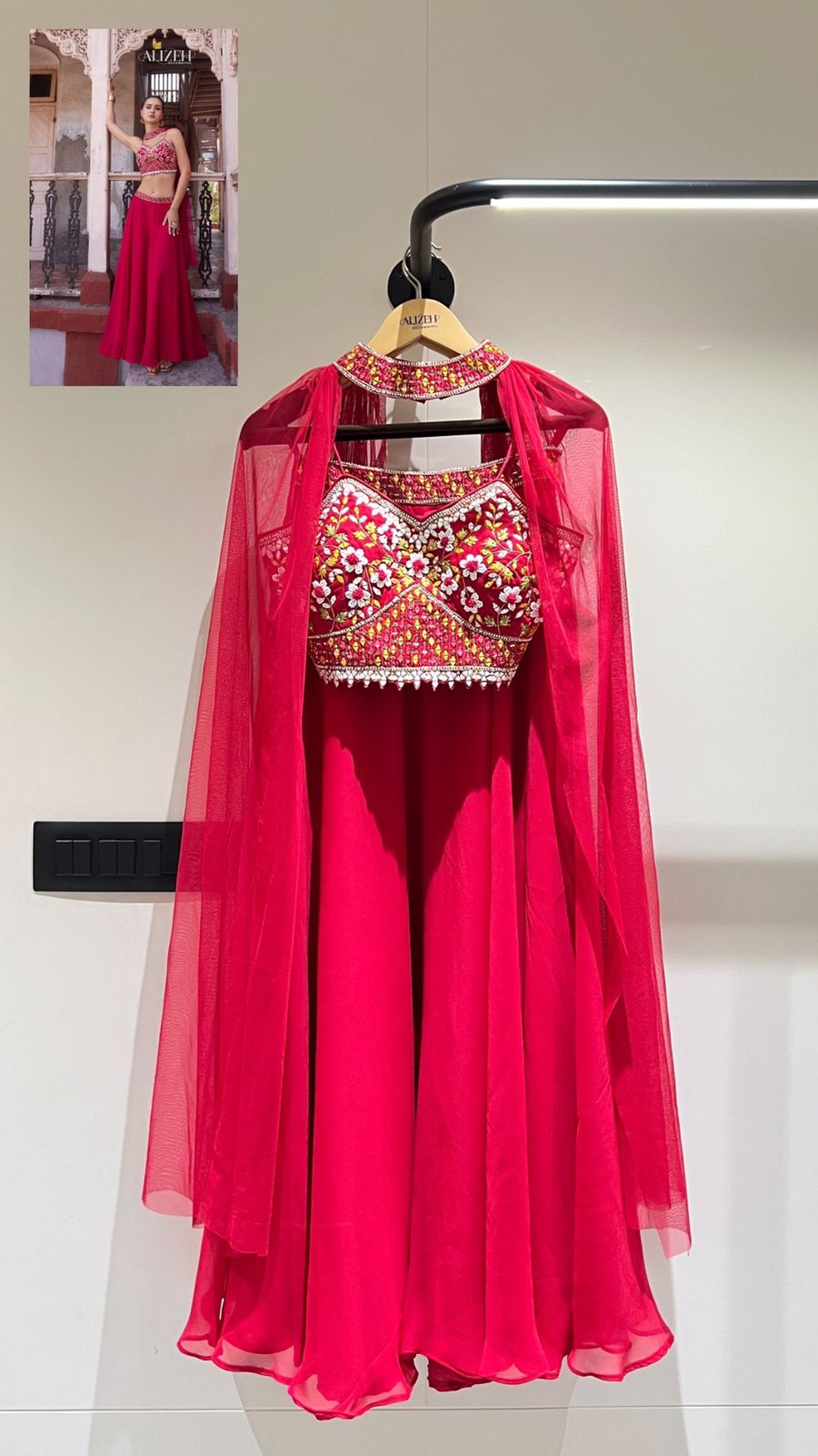 Red crop top with high neck shrug indo western