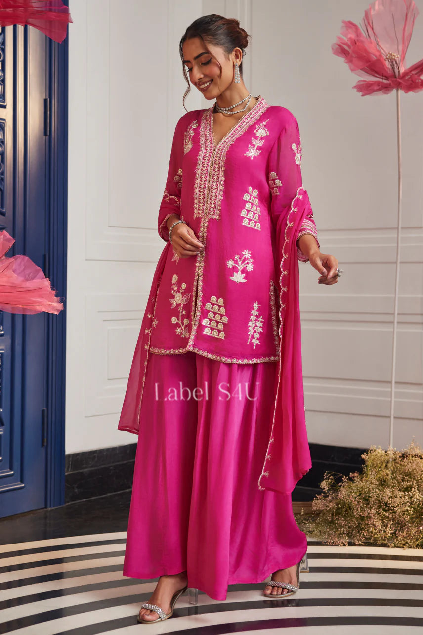 Hot pink stunning v neck short top palazzo suit