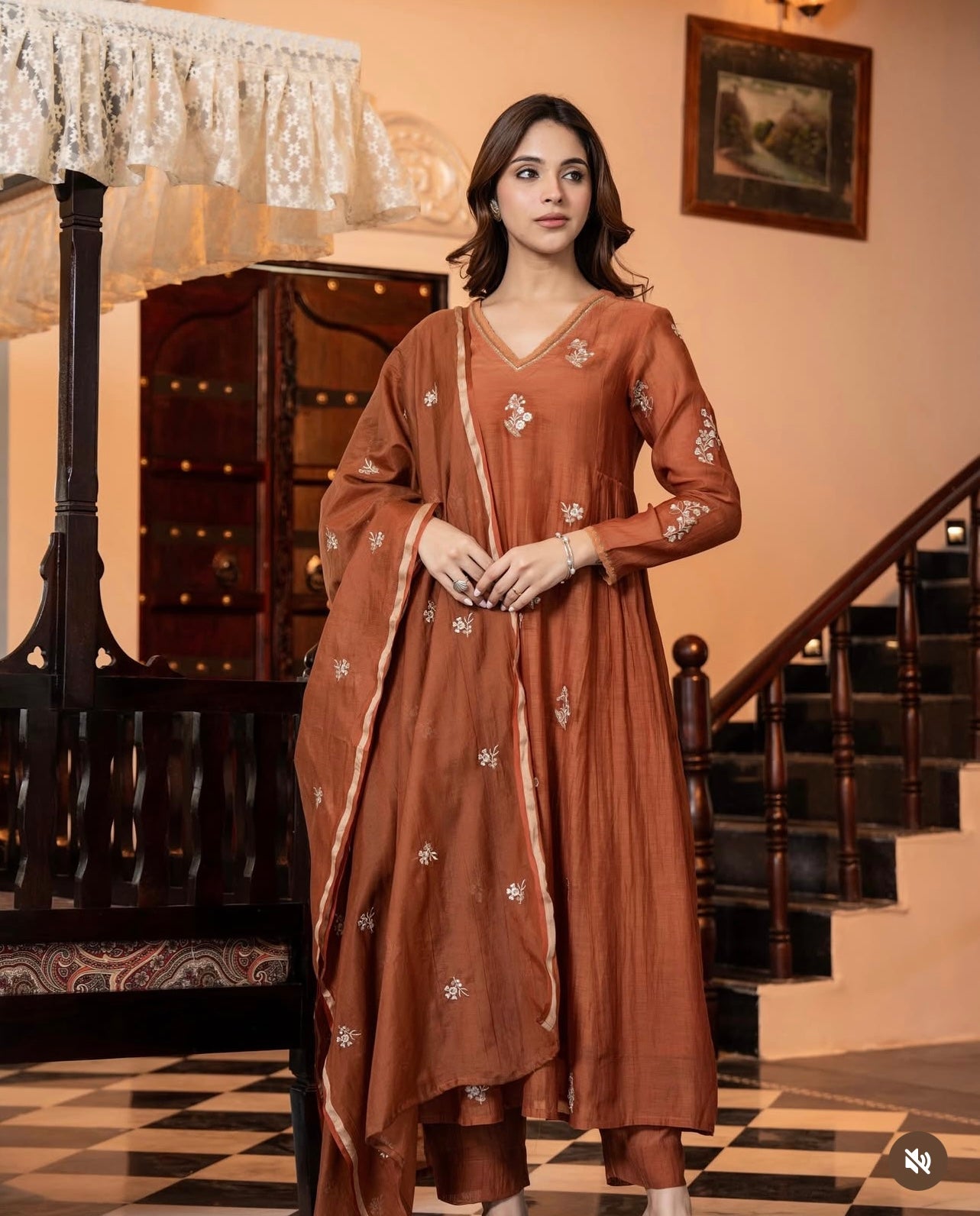 Rust pure mul chanderi embroidered suit