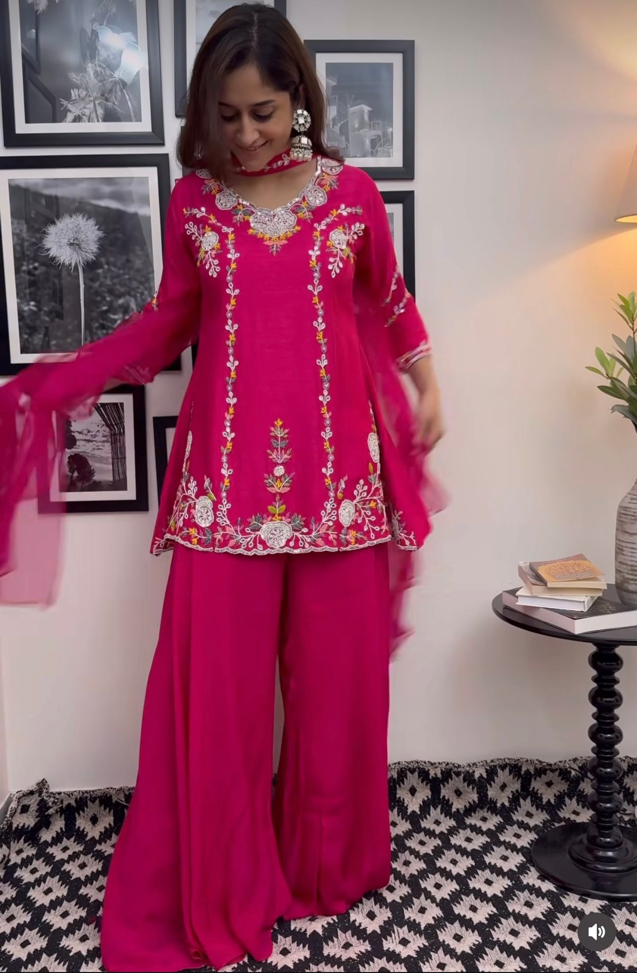 Hot pink stunning shaarara set with handwork and ruffle dupatta