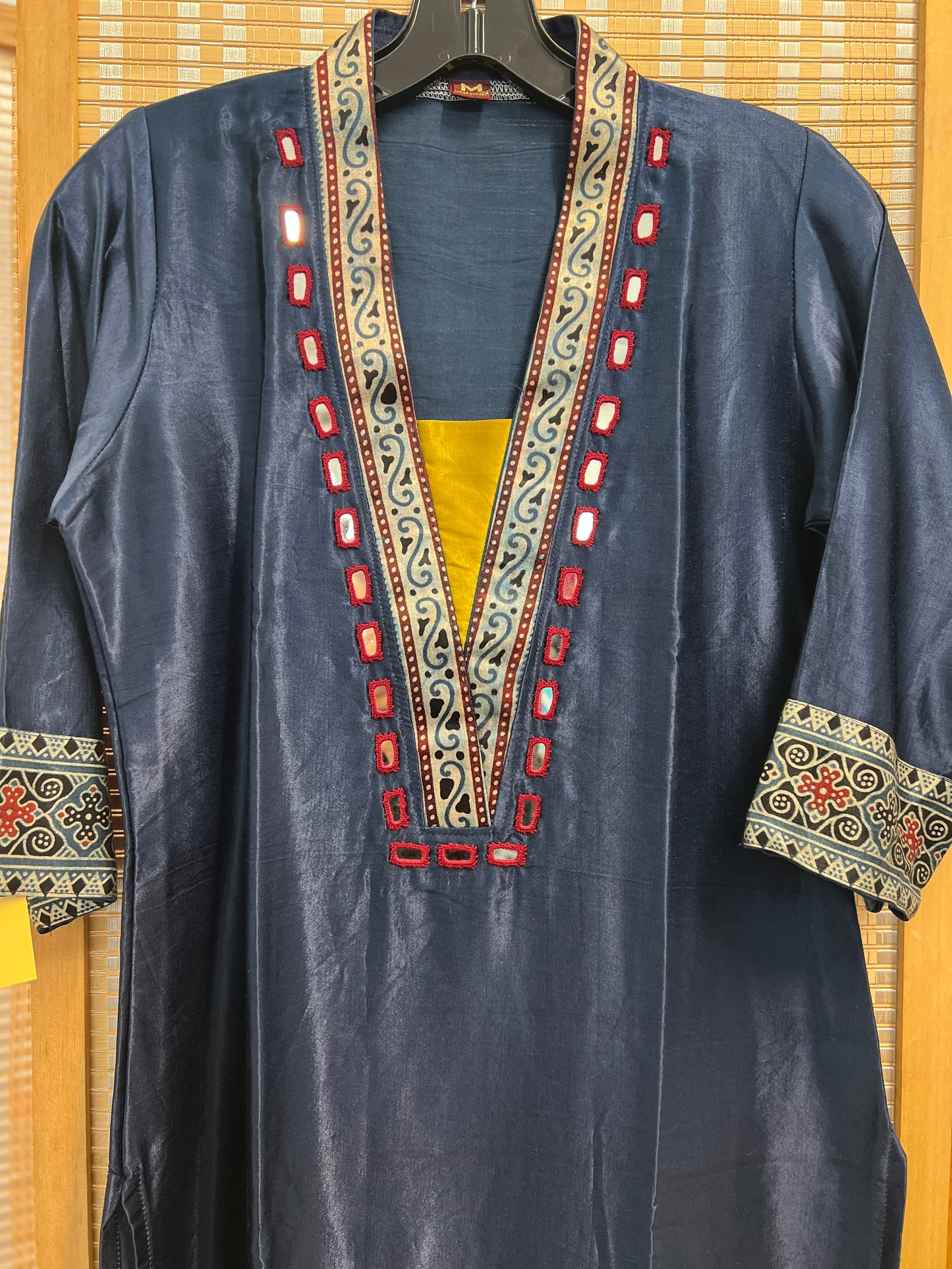 Navy Blue Pure gaji silk v neck kurti with real mirror work