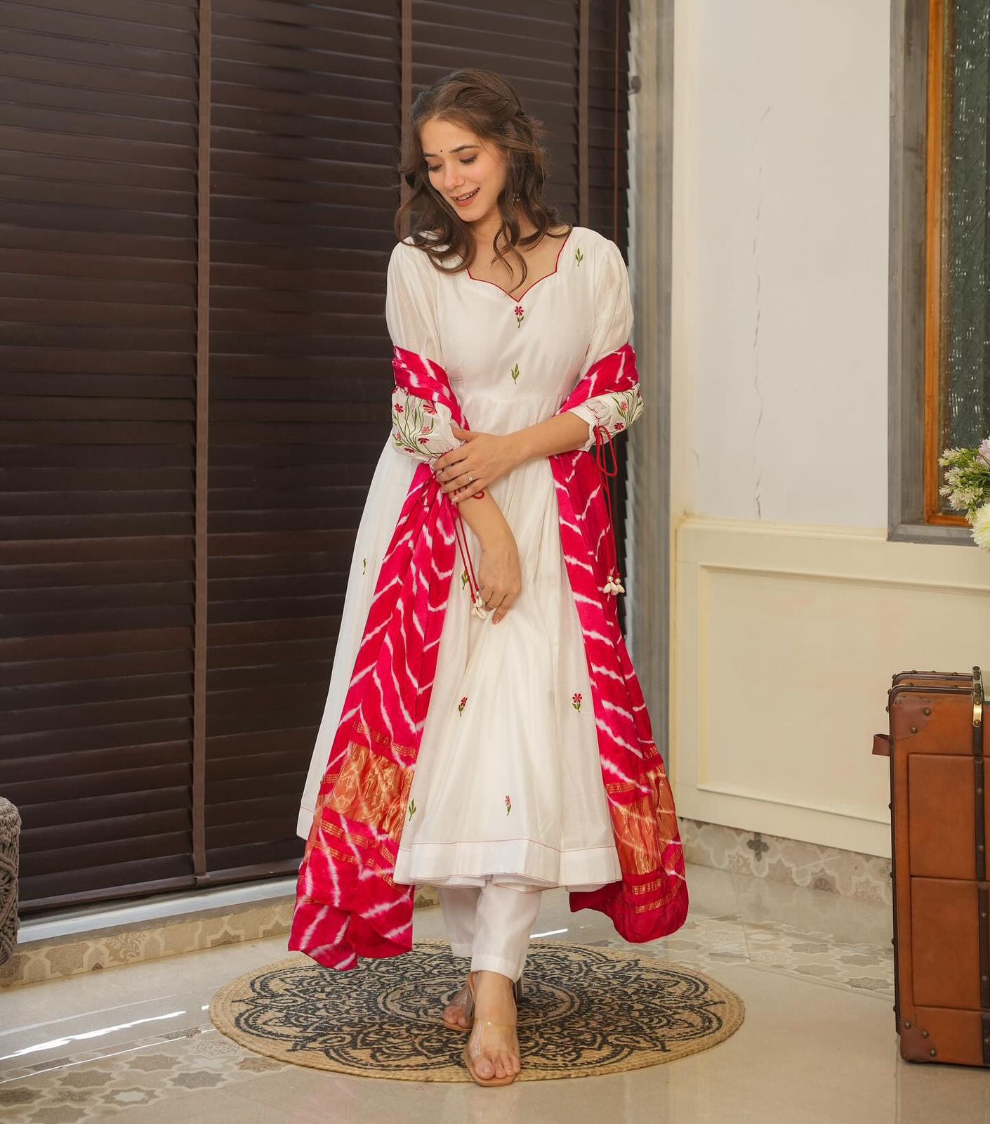 White anarkali kurta set with leheriya dupatta