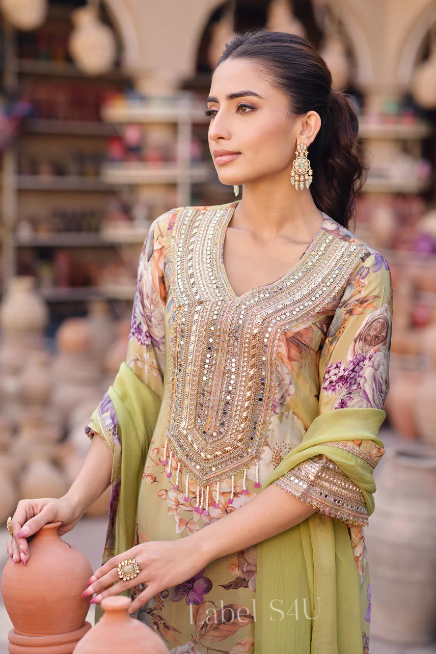 Pastel green quirky floral co-ord set with dupatta