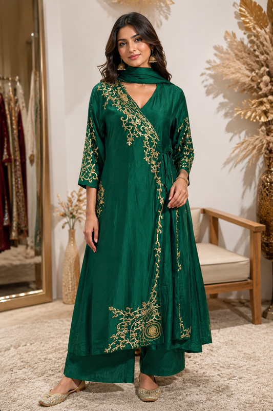 Bottle green heavy handwork angrakha dola silk suit