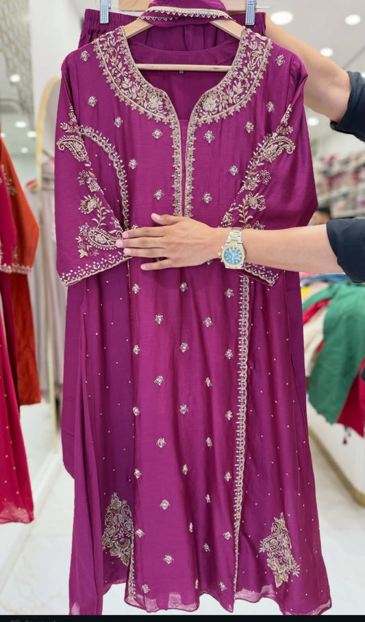 Wine Purple jardoshi handwok anarkali kurta set
