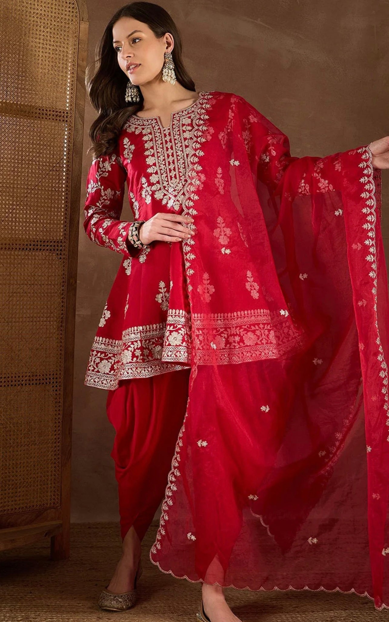 Red embroidered partywear short anarkali and dhoti set