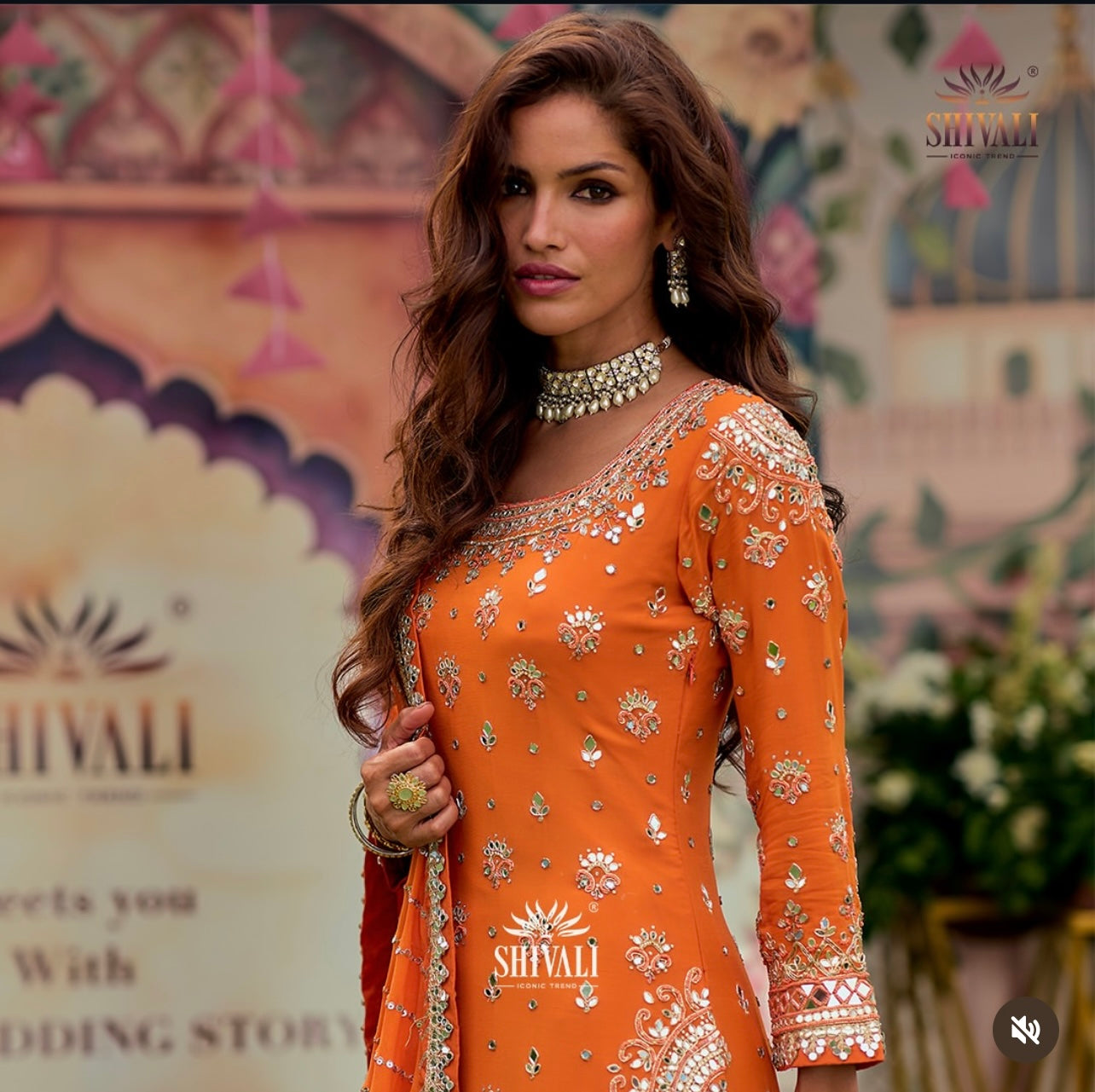 Orange heavy handwork mirrorwork partywear sharara suit