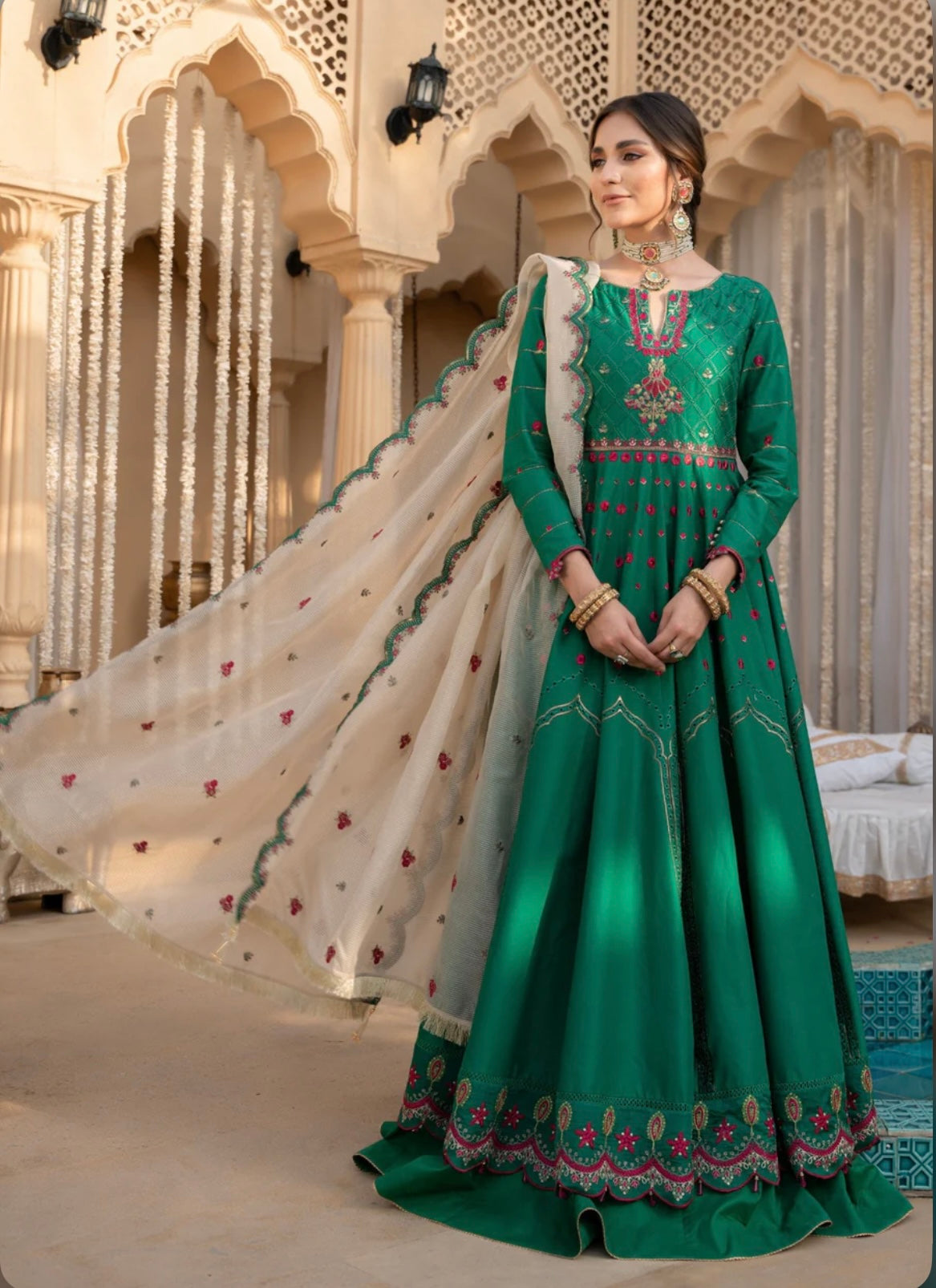 Bottle green flared anarkali kurta set