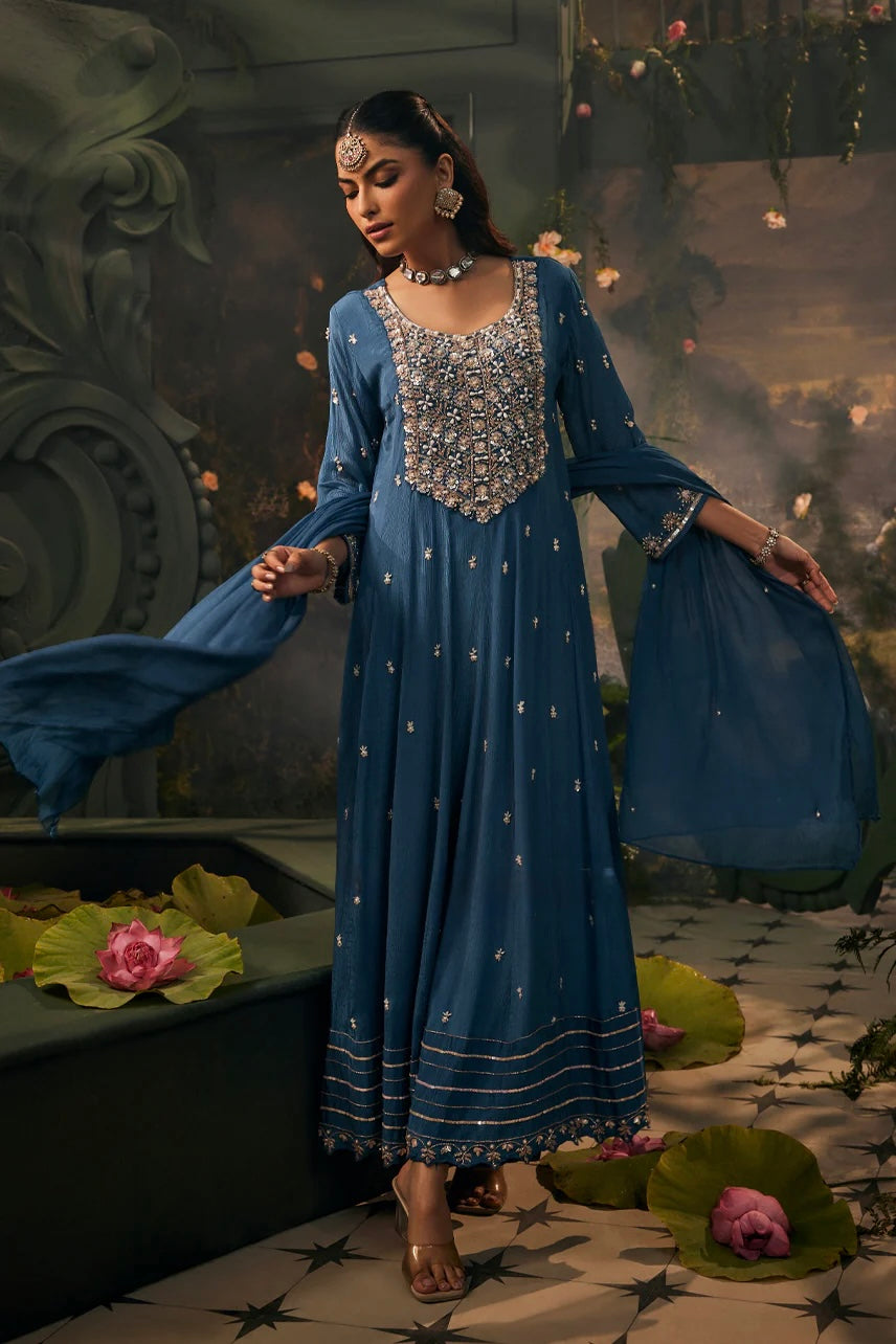 Teal blue pure chinnon hwavy handwork anarkali kurta set