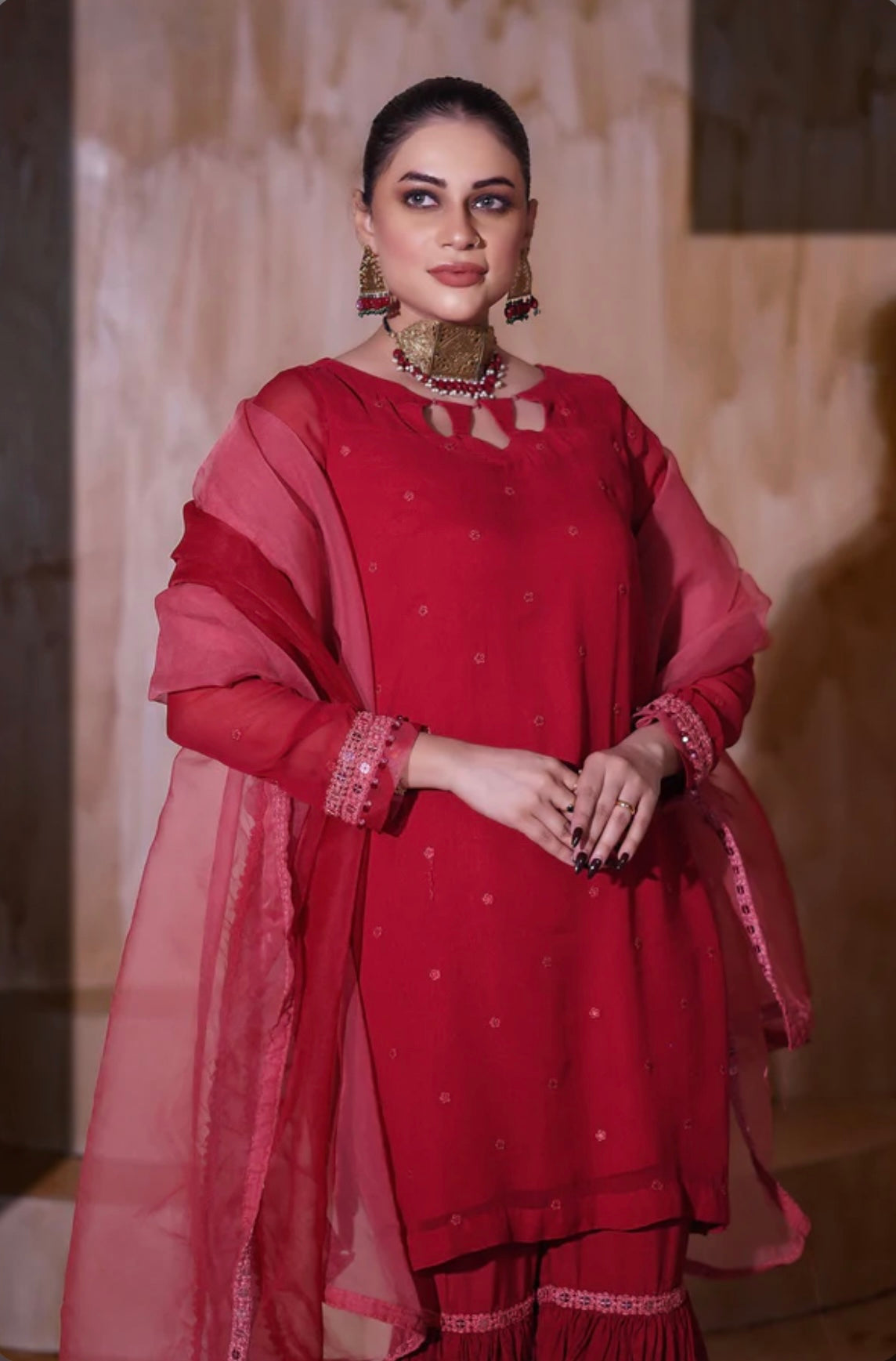 Red elegant chiffon sharara suit