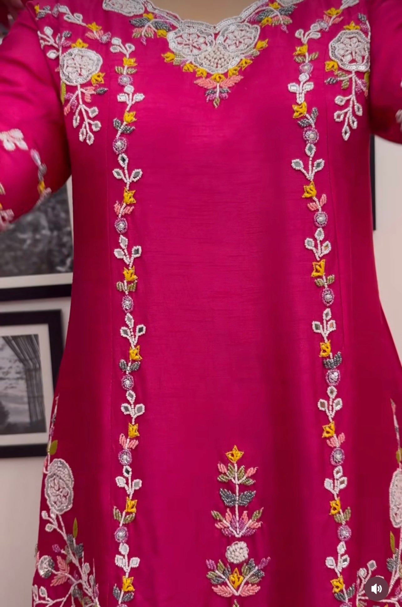 Hot pink stunning shaarara set with handwork and ruffle dupatta