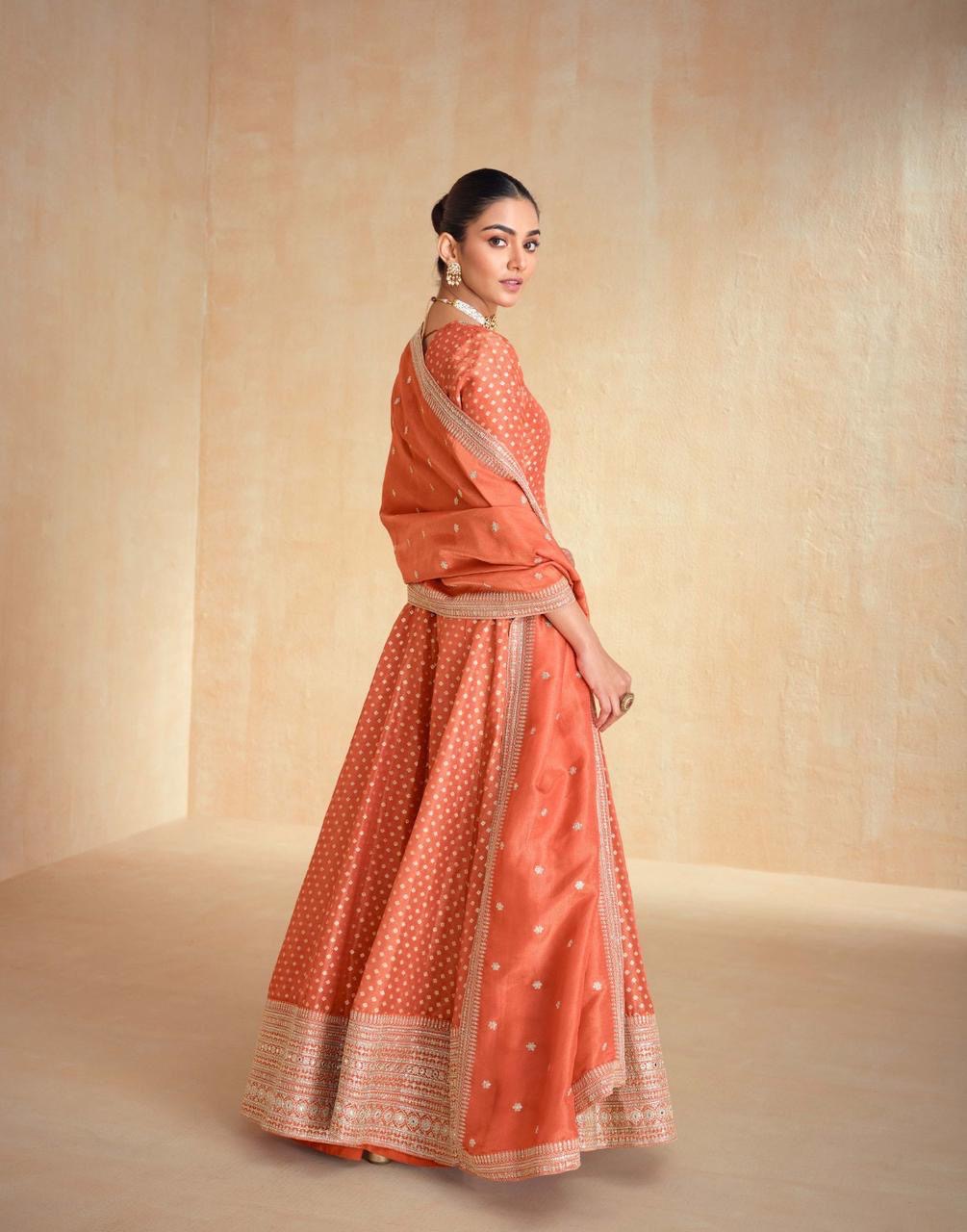 Orange banarasi jacquard long anakali gown set