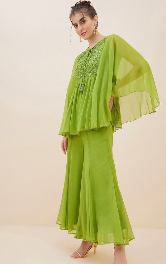 Parrot green stylish handwork pure georgette kaftan co-ord set