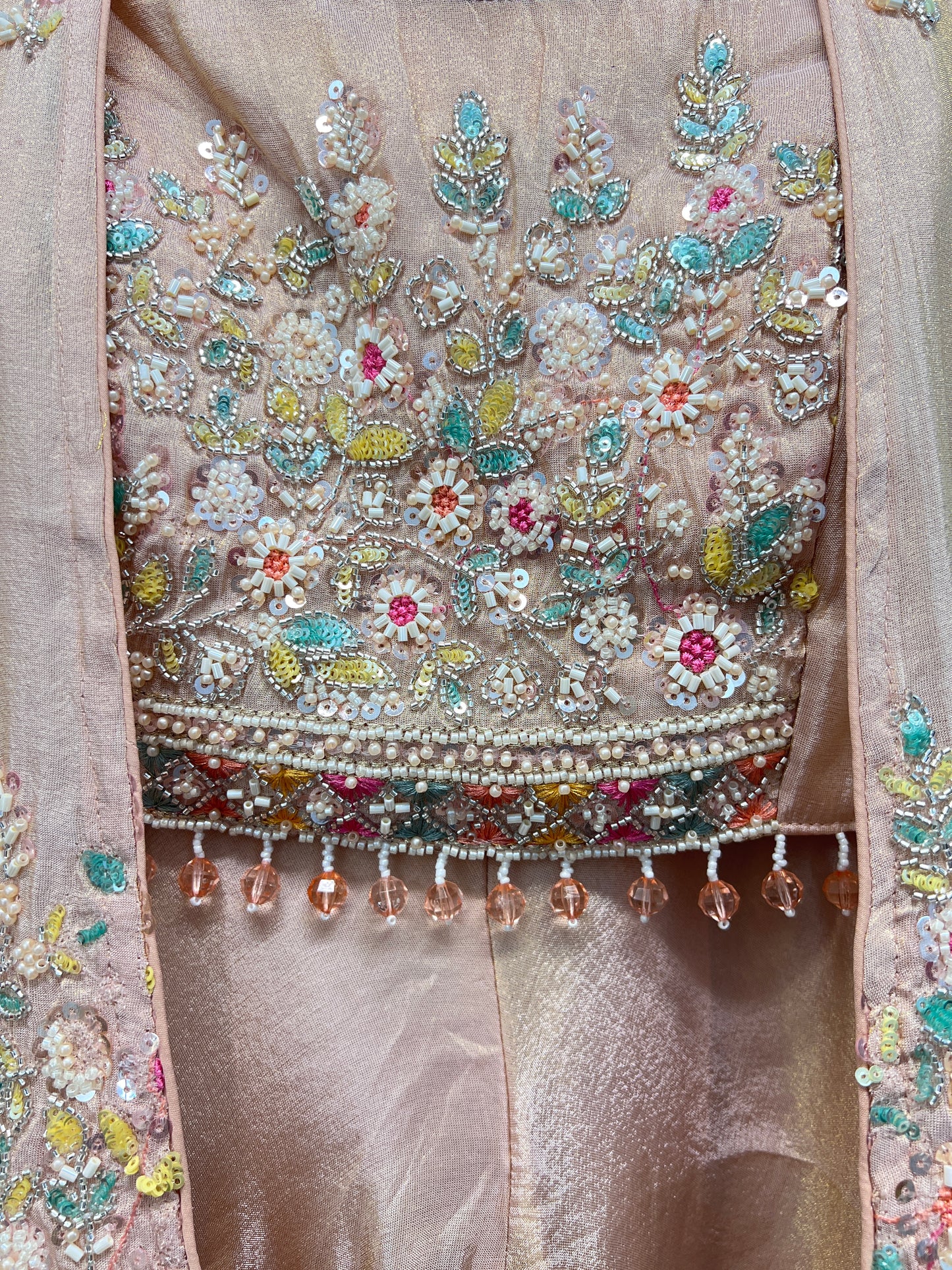 Onion pink heavy handwork partywear indo western top with shrug and sharara