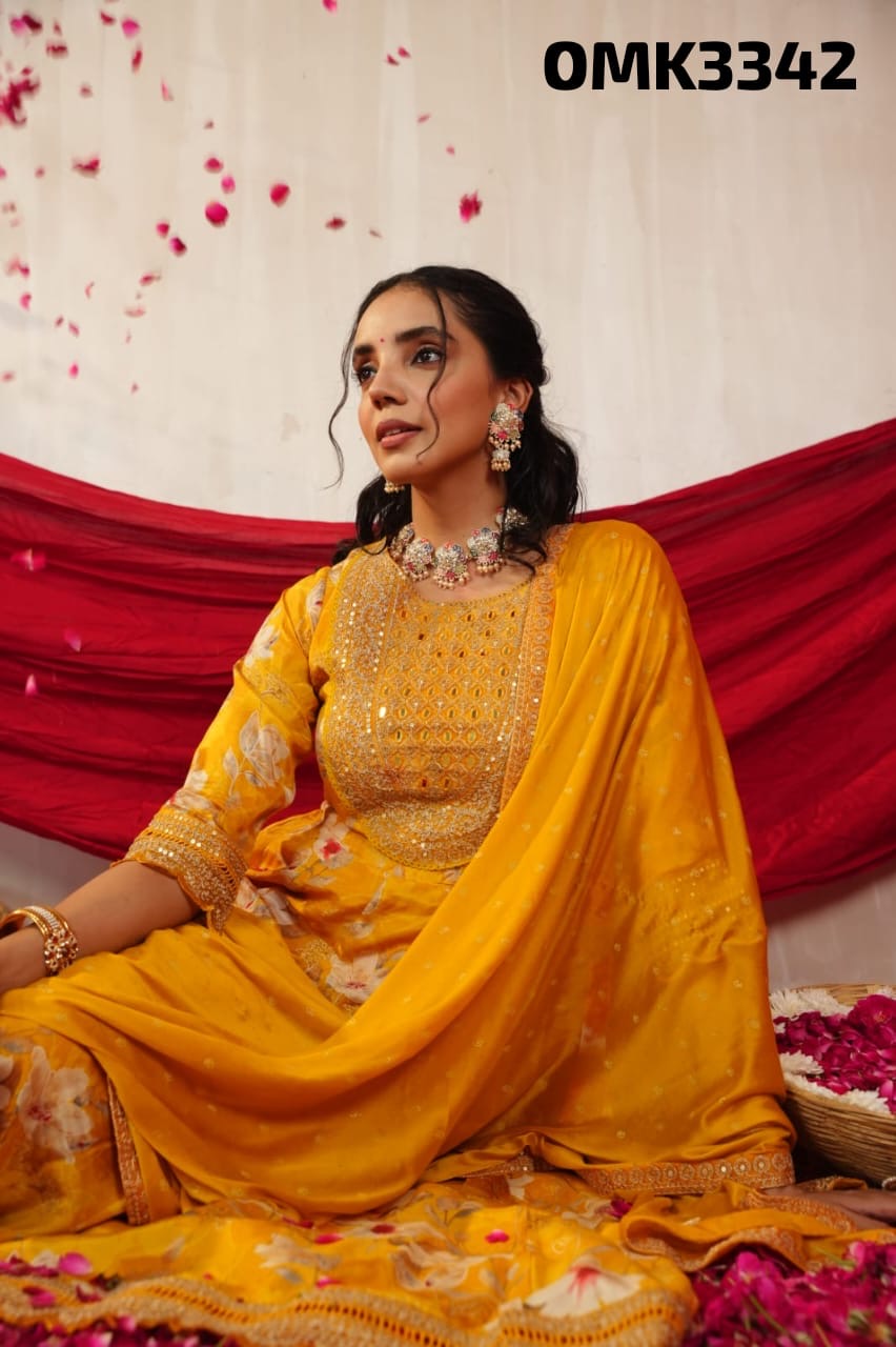 Yellow floral real mirror work anarkali kurta set
