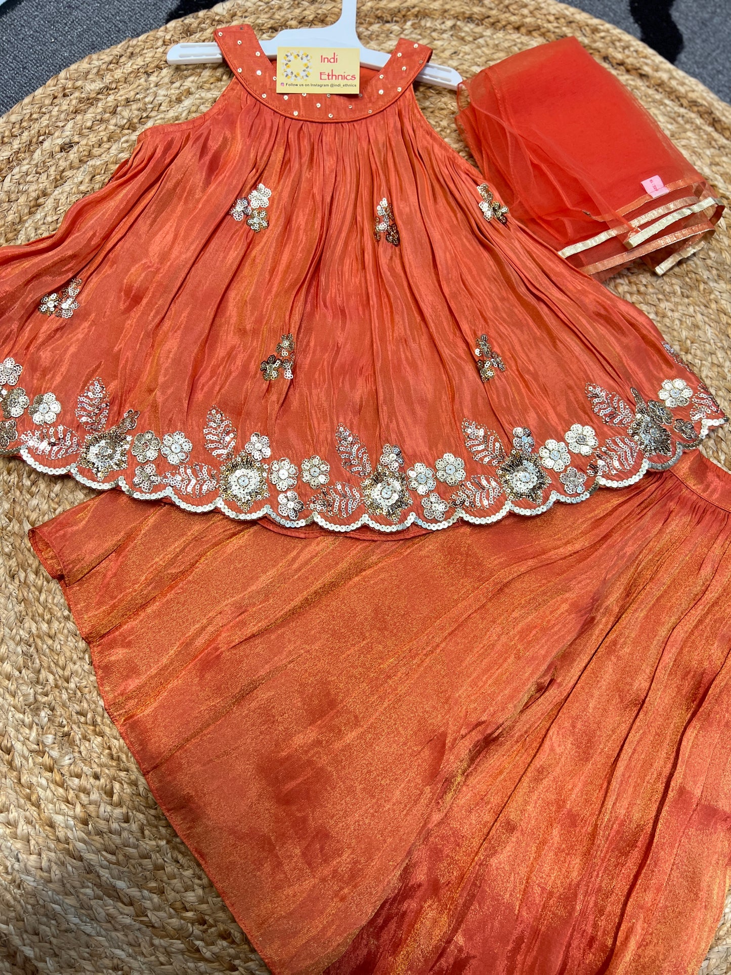 Rust Orange pure shimmer tissue divider sharara suit