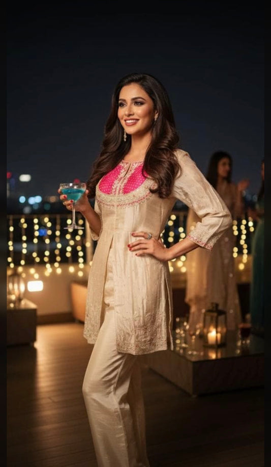 Off white pink shimmer silk viral stunning handwork co-ord set