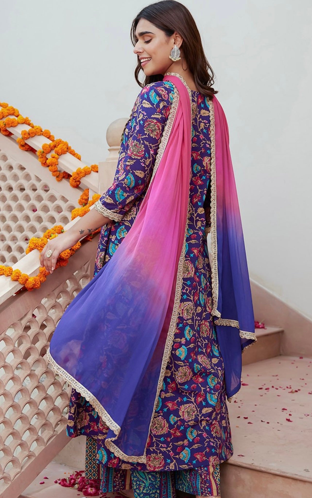 Purple floral cotton gota work A line kurta set