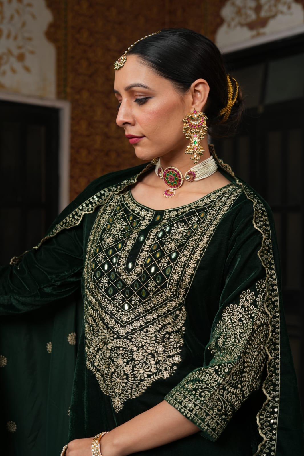 Green heavy embroidery sequence and mirror yoke velvet kurta set