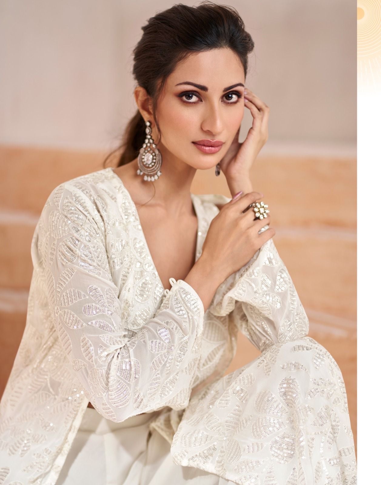 White heavy sequence work party wear cape set