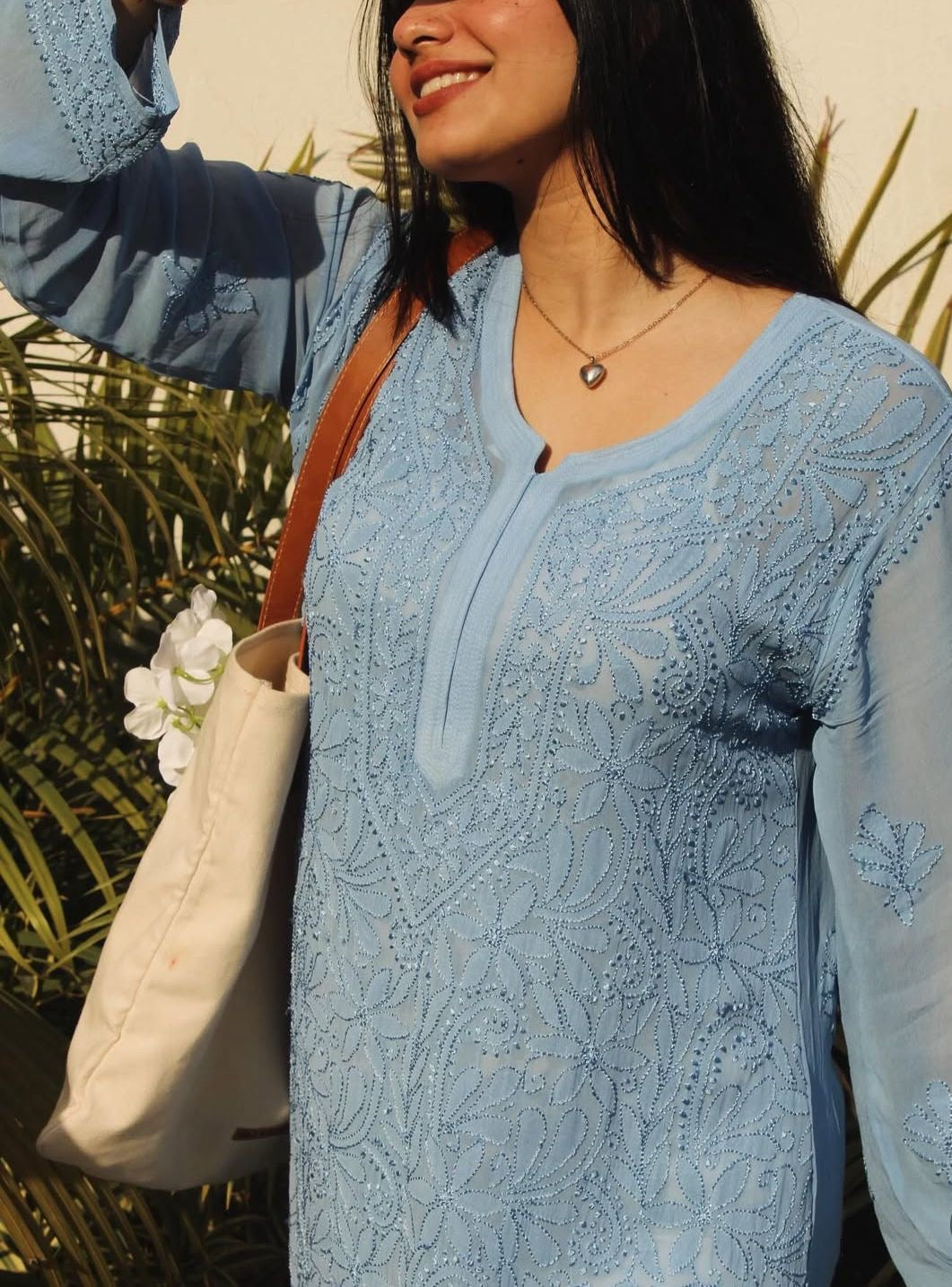 Ice blue pure viscose premium chikankari kurti with lining