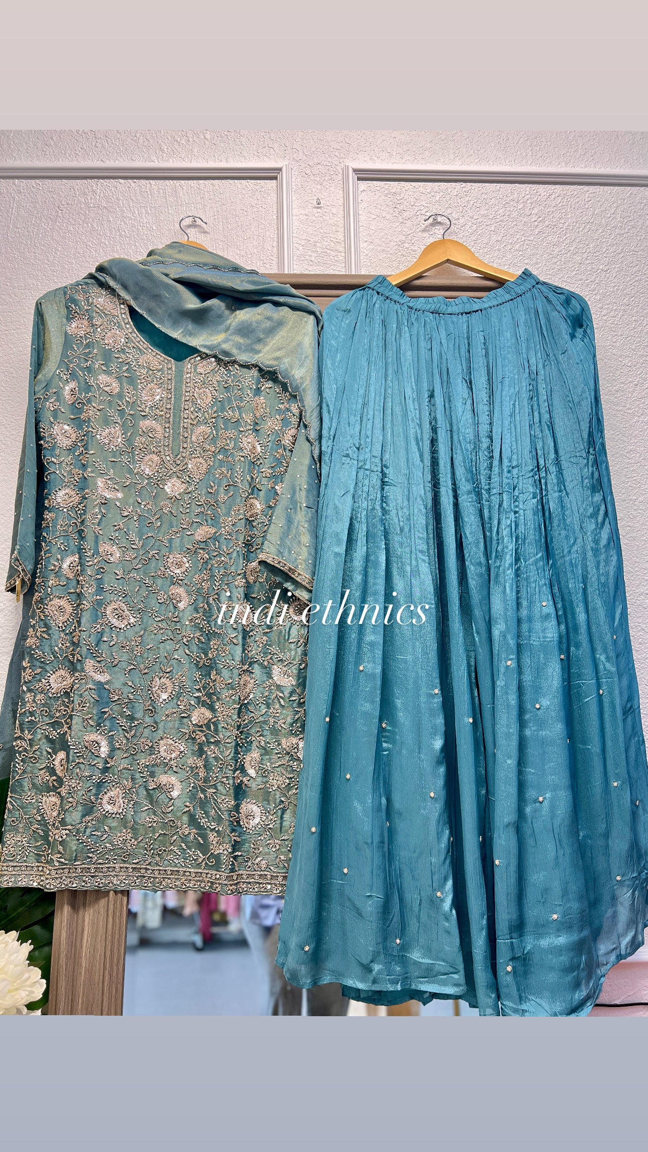 Ice blue pure shimmer tissue heavy handwork divider sharara suit partywear wedding wear
