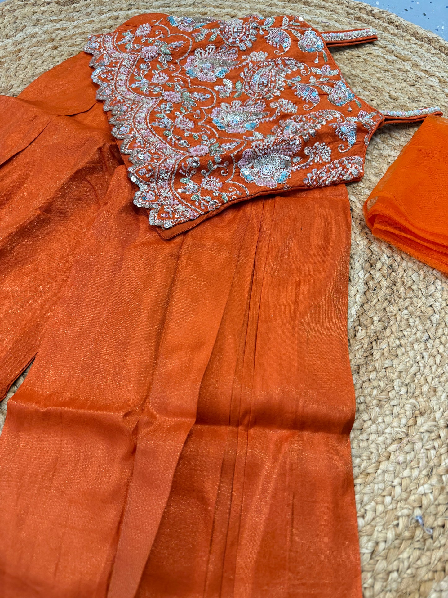 Kids girls burnt orange handwork short top palazzo dupatta