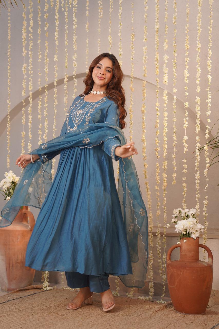 Blue pure mul chanderi A line suit