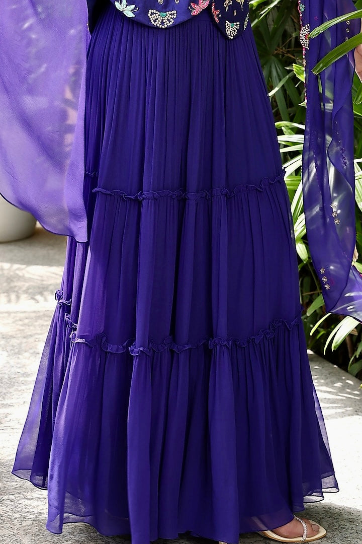 Royal blue heavy handwork and mirror work sharara set with shrug indo western
