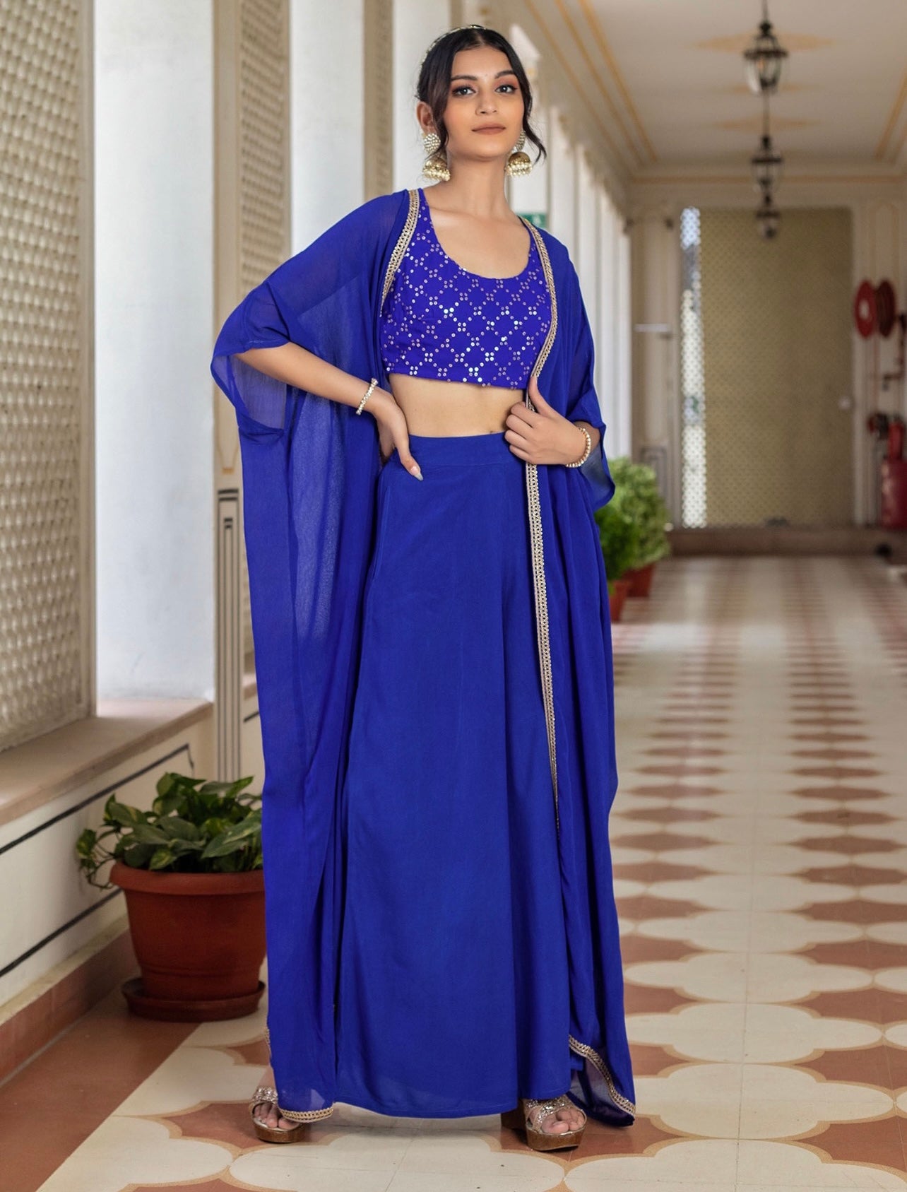 Blue sequin work crop top palazzo and shrug