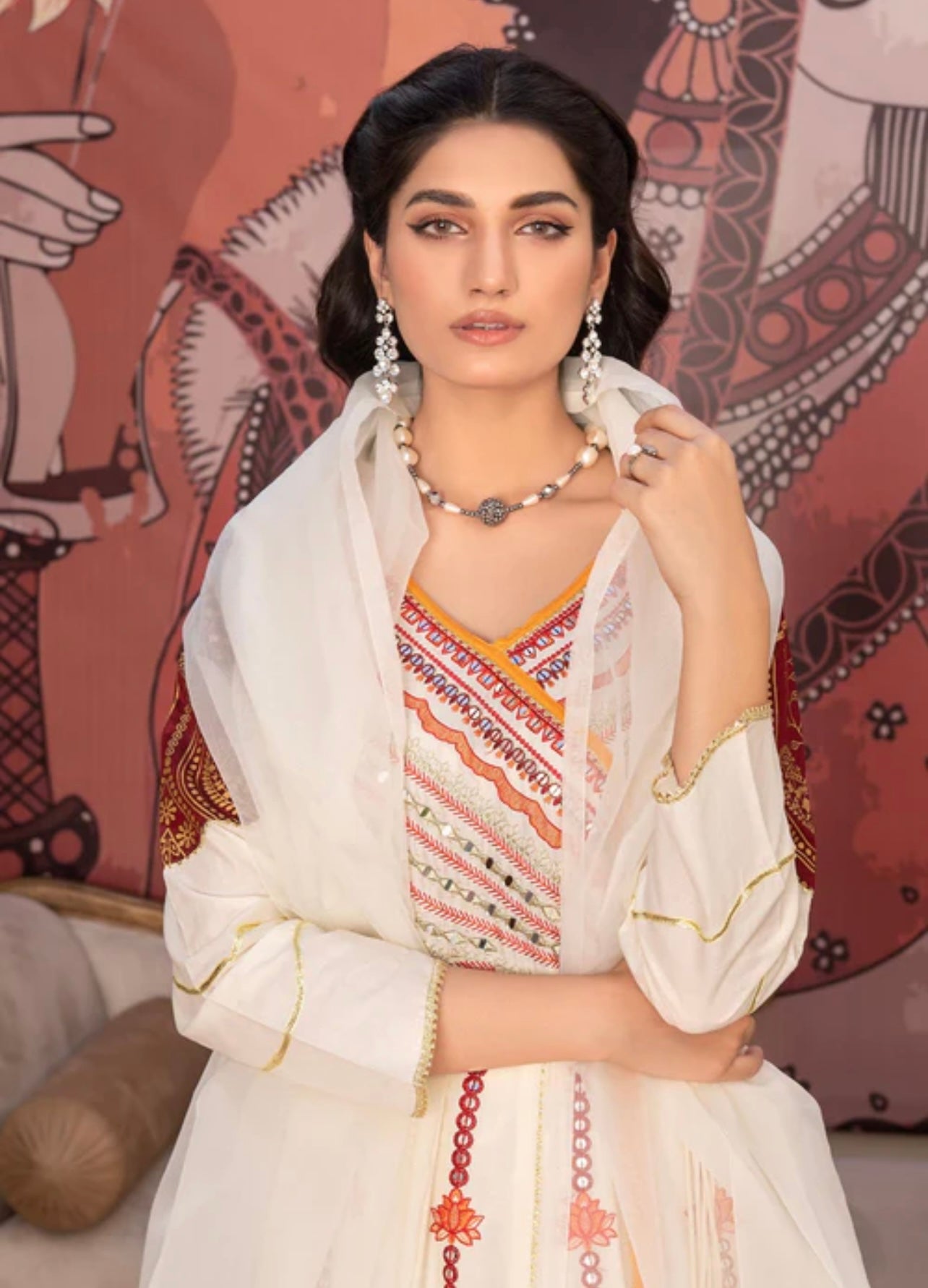 Cream heavy gota and mirror work anarkali kurta set