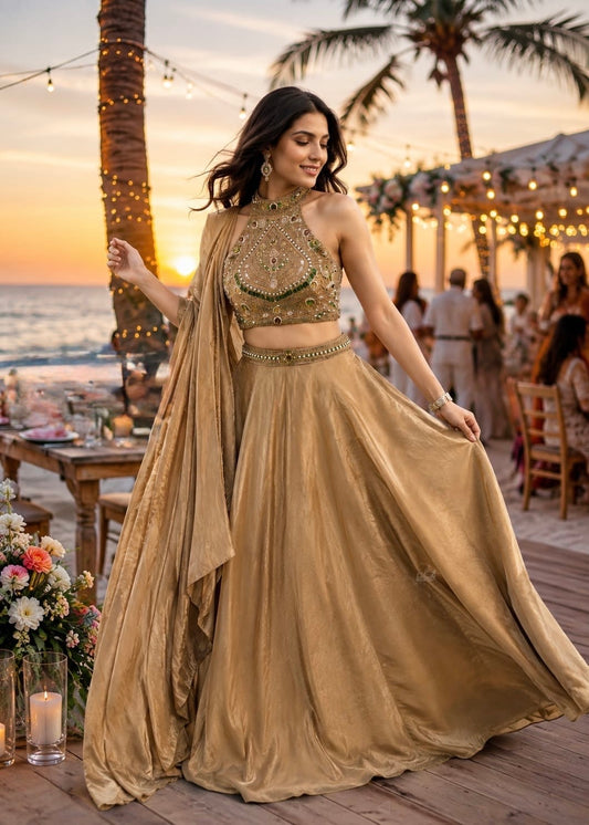 Gold heavy handwork jewel work halter neck lehenga