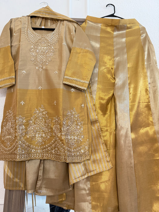 Gold handwork Tissue silk short top sharara suit