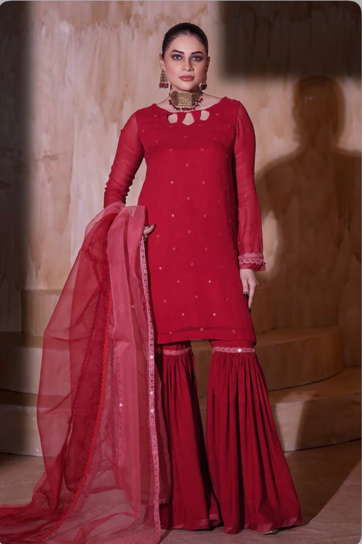 Red elegant chiffon sharara suit