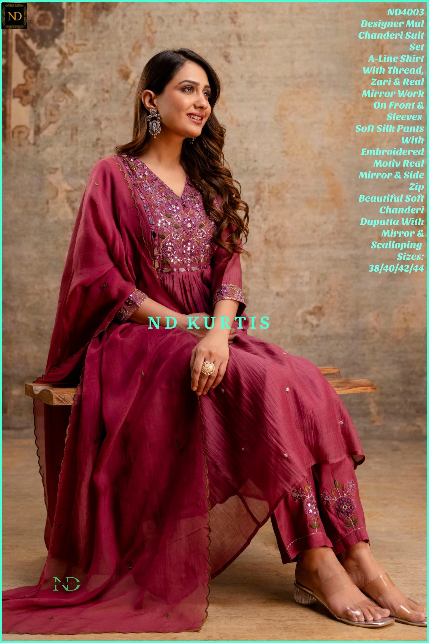 Maroon real mirror work mul chanderi kurta set
