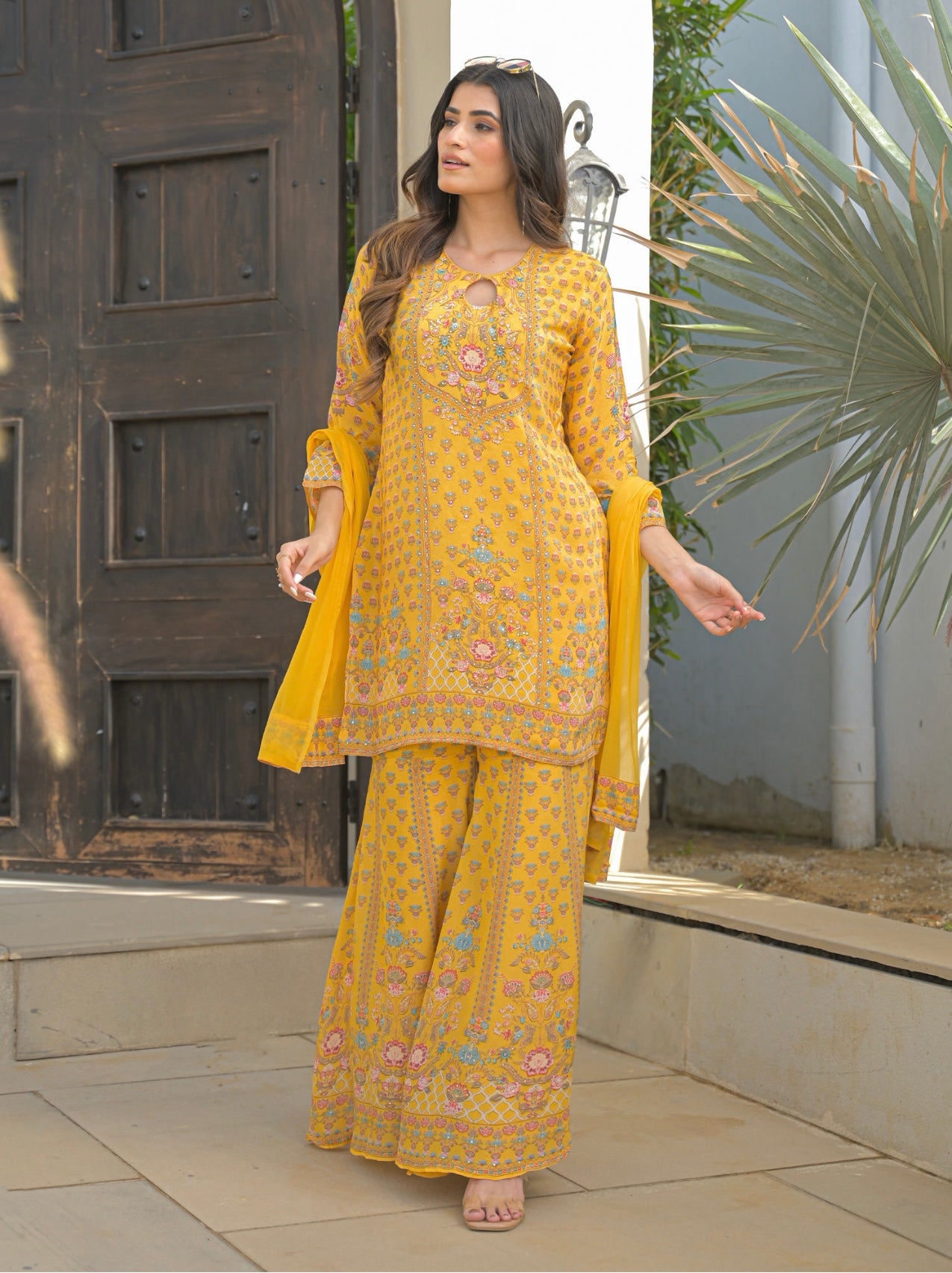 Yellow crepe sharara suit