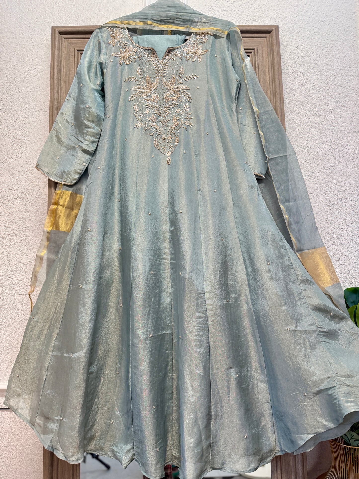 Aqua blue super elegant handwork tissue anarkali kurta set