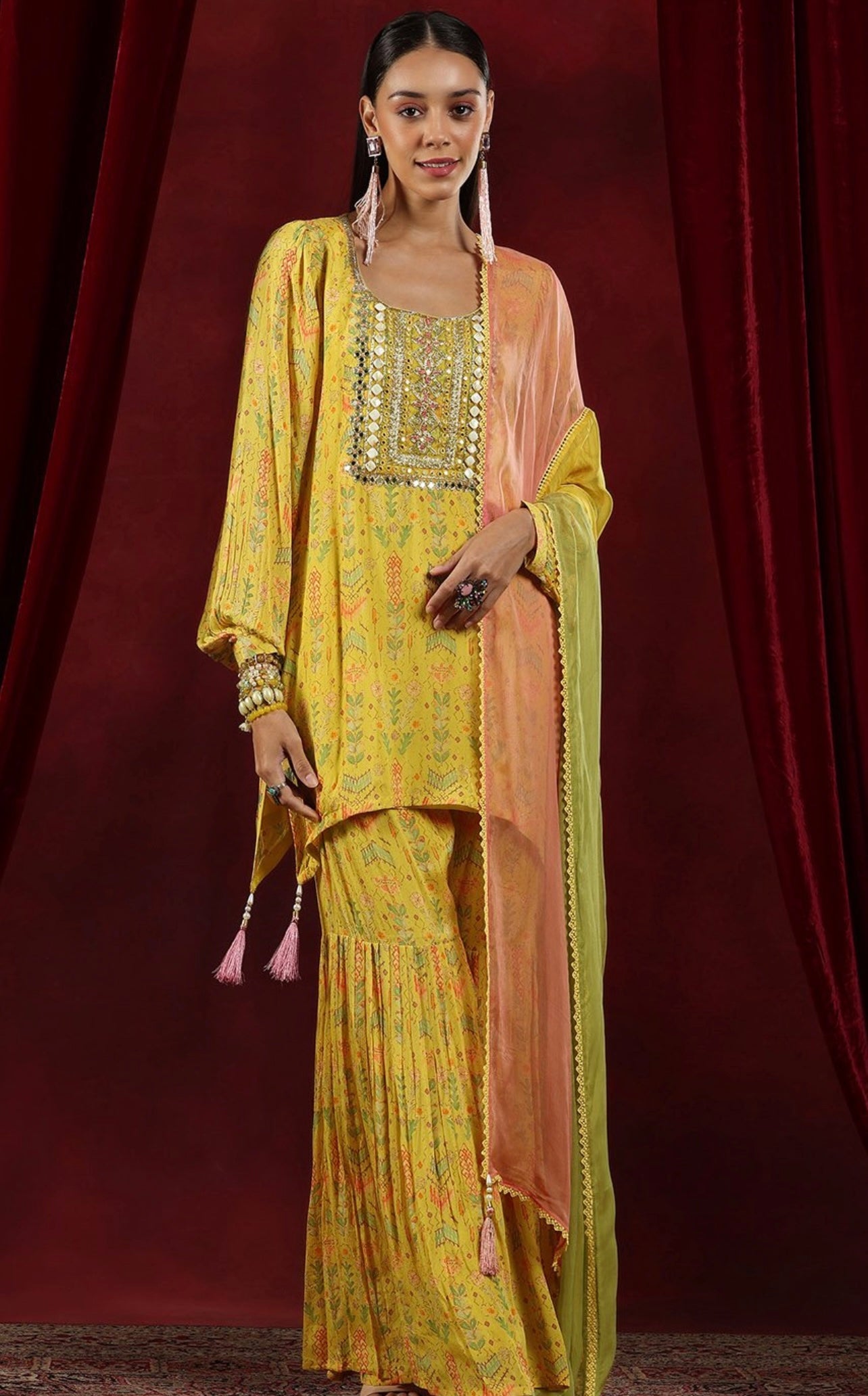 Yellow designer georgette flowy sharara suit