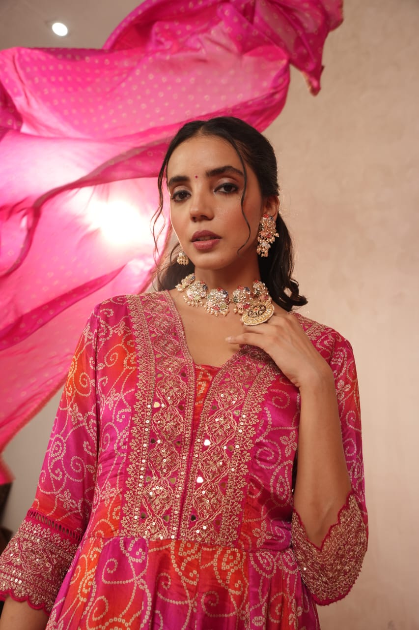 Pink and orange bandhni print stunning mirror work anarkali kurta set