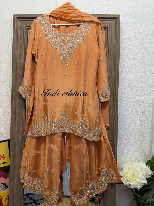 Peach stunning heavy handwork short top sharara suit