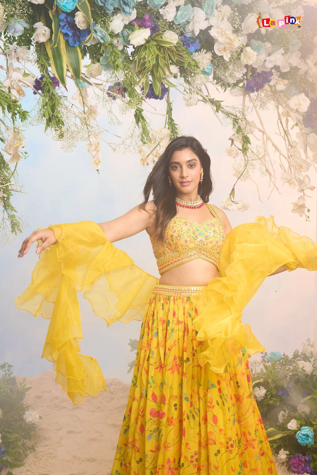 Yellow floral lehenga with ruffle dupatta