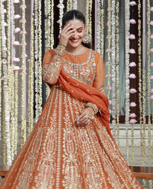 Orange heavily embellished stunning anarkali gown skirt dupatta partywear