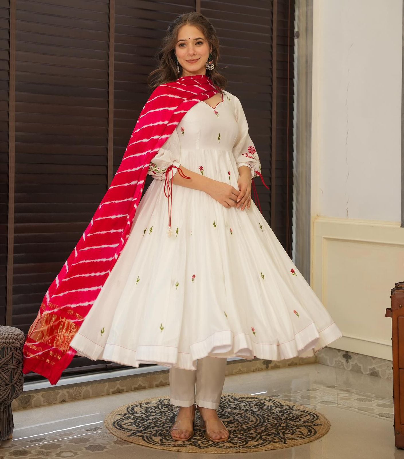 White anarkali kurta set with leheriya dupatta
