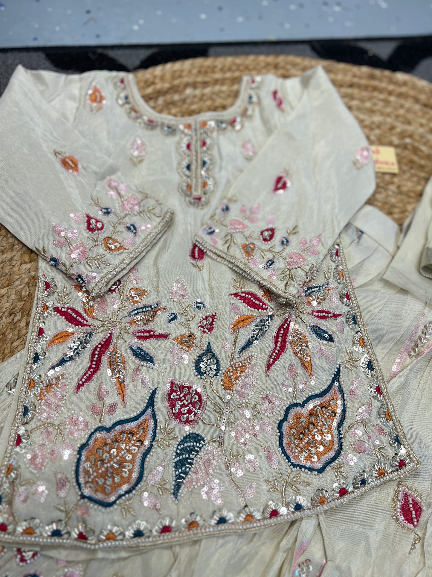 Girls Off white heavy handwork short top lehenga dupatta